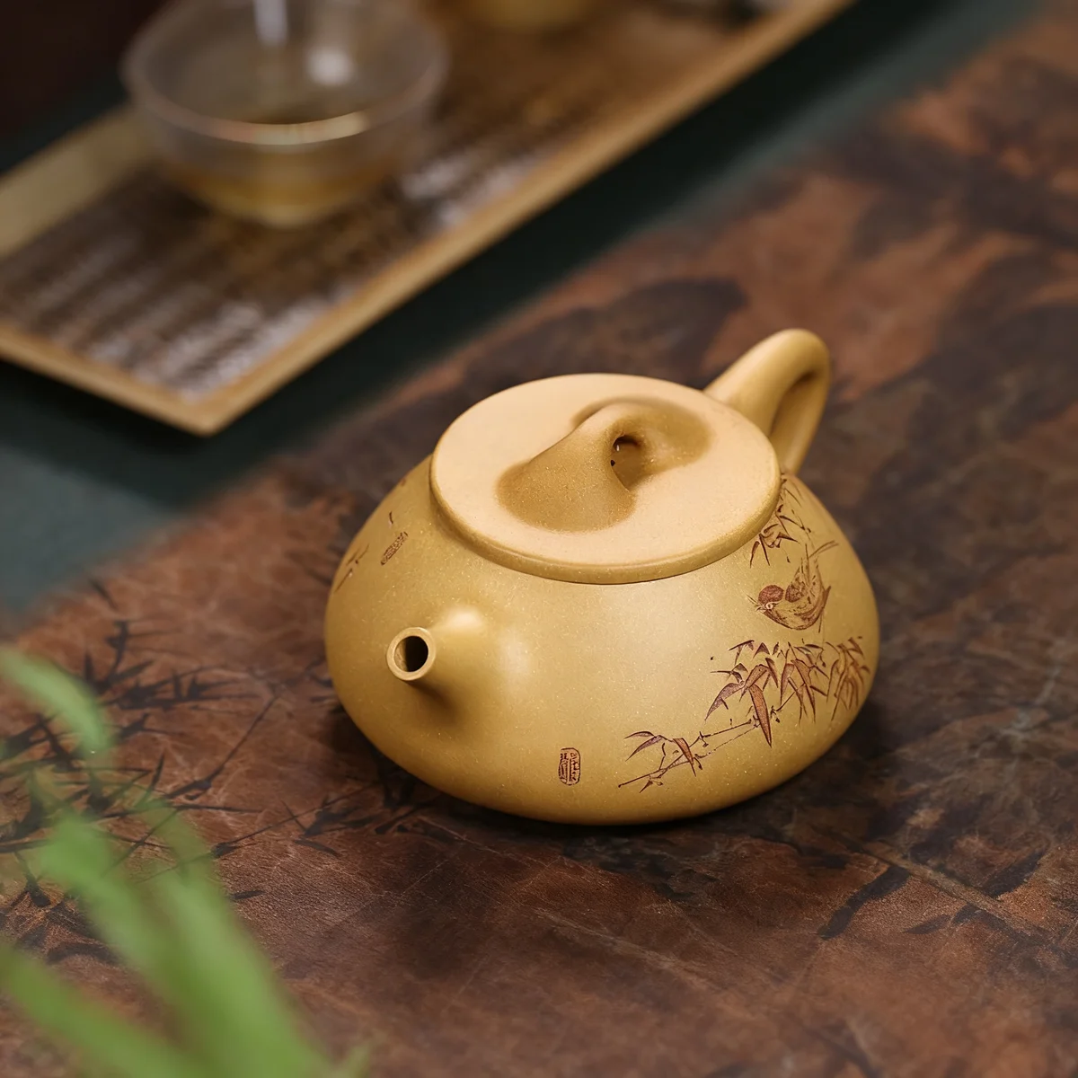 宜兴紫砂壶纯手工刻绘紫砂茶具原矿黄金段泥家用泡茶壶冰心石瓢壶