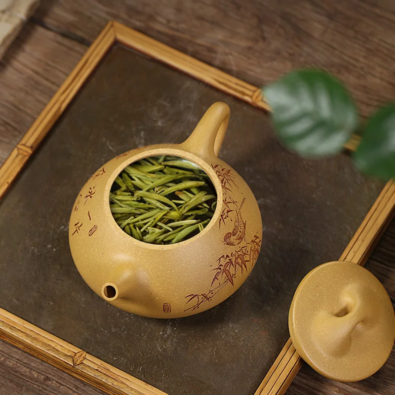 宜兴紫砂壶纯手工刻绘紫砂茶具原矿黄金段泥家用泡茶壶冰心石瓢壶 - 5