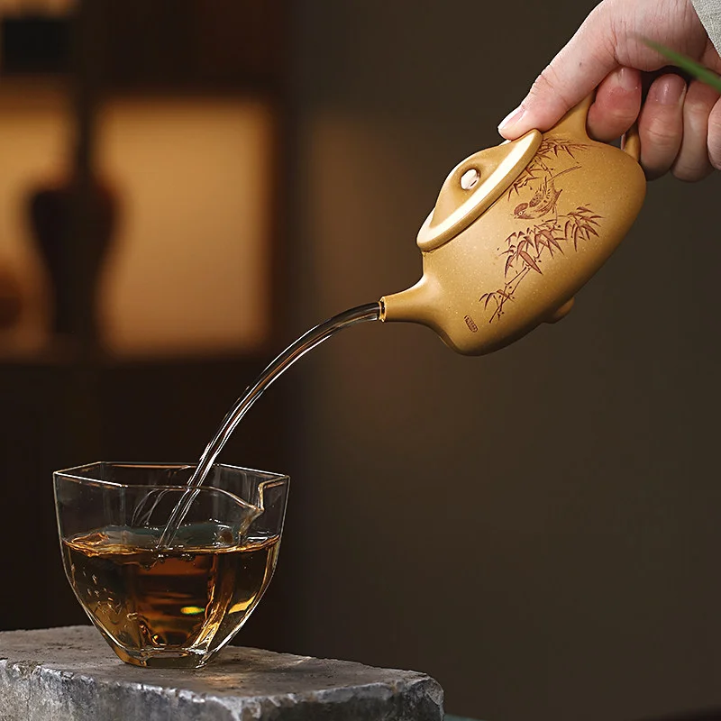 宜兴紫砂壶纯手工刻绘紫砂茶具原矿黄金段泥家用泡茶壶冰心石瓢壶 - 6