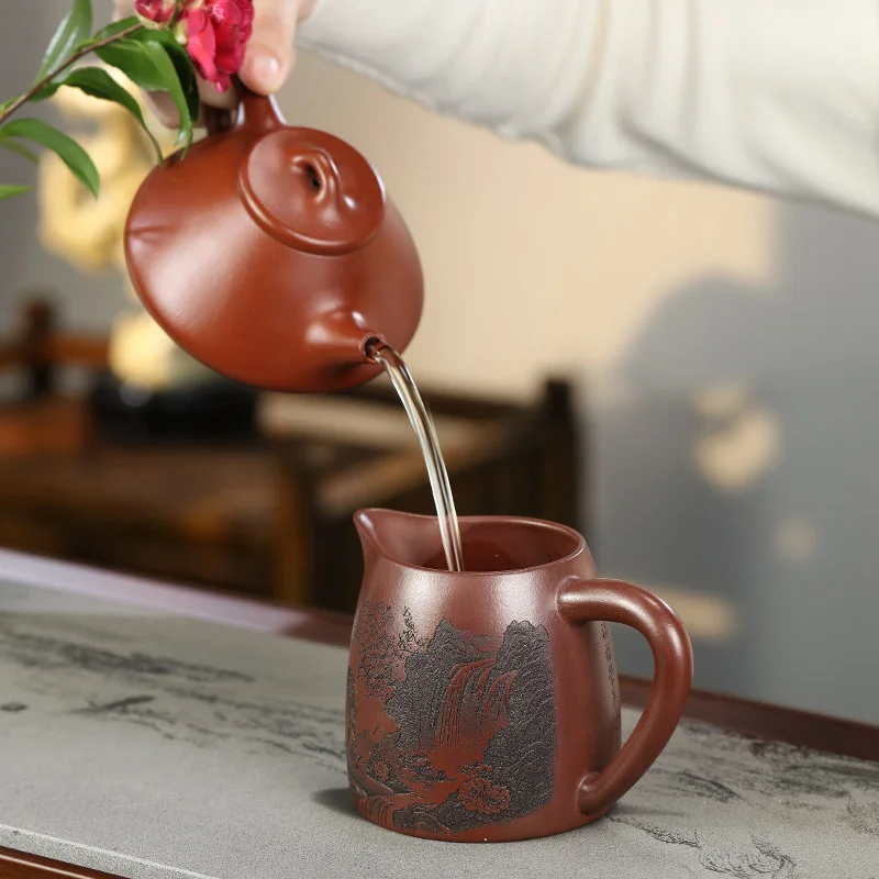 宜兴紫砂公道杯带把公杯分茶器加厚耐热茶具配件紫泥福禄分茶杯 - 5