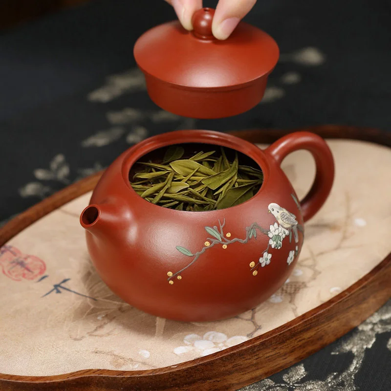 宜兴紫砂壶纯手工泥绘花鸟功夫茶具原矿大红袍家用泡茶壶西施壶 - 5