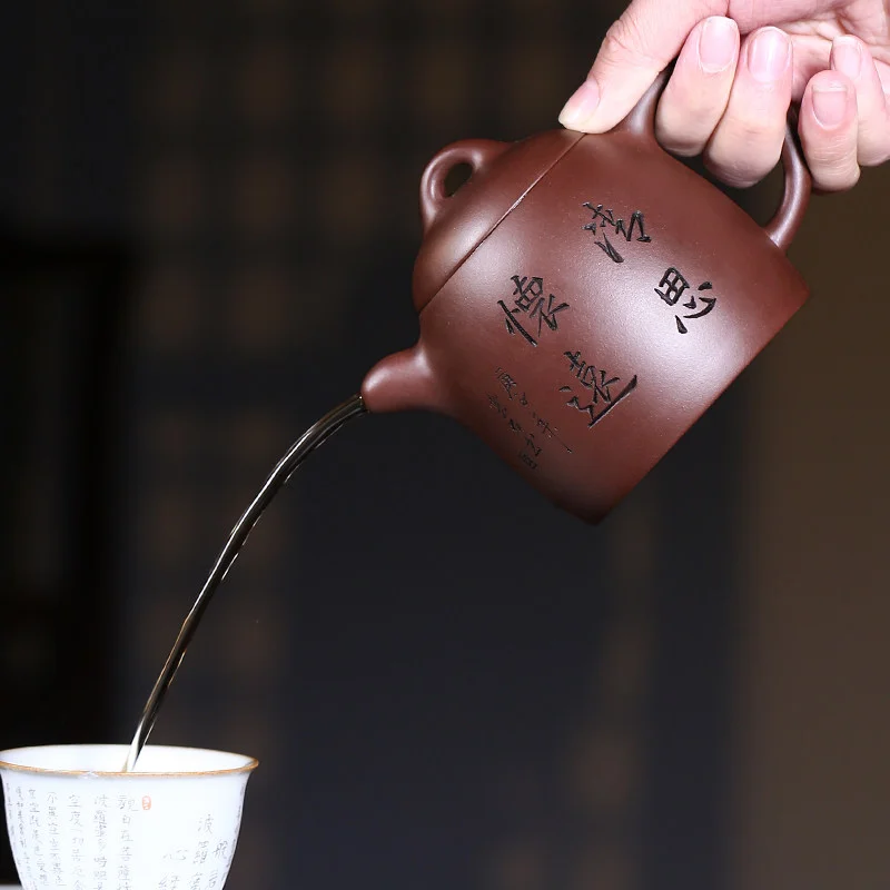 宜兴紫砂壶纯手工刻绘紫砂茶具单壶原矿紫泥大容量家用泡茶壶秦权 - 5
