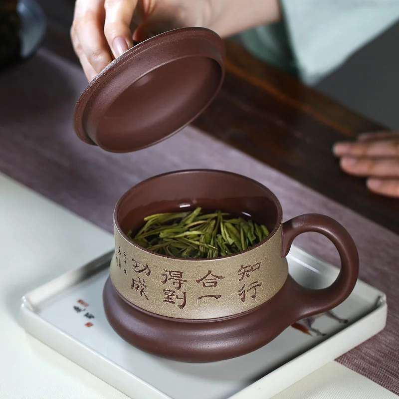 大容量宜兴紫砂杯纯手工男士泡茶杯带盖个人专用办公茶具紫泥盖杯 - 5
