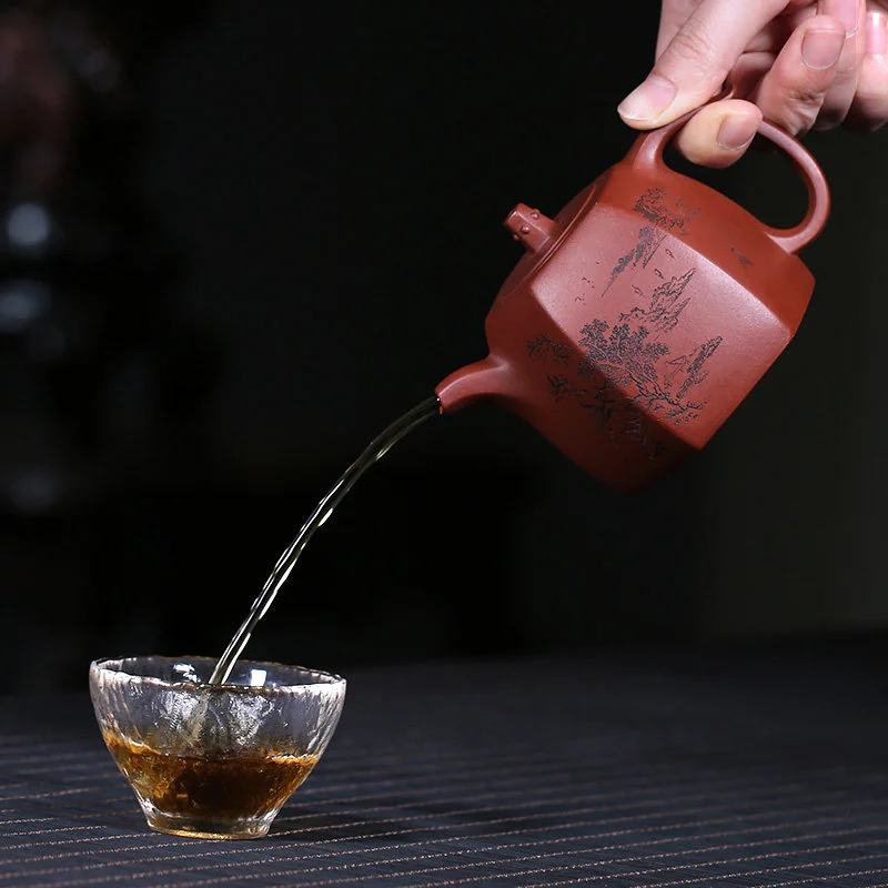 紫砂壶宜兴全手工刻绘六方泡茶壶井栏四号井底槽清朱倩冰单壶茶具 - 5