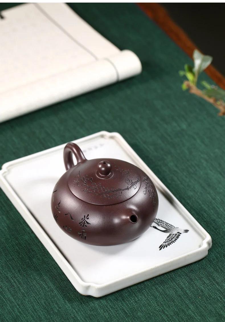 宜兴紫砂壶纯手工刻绘梅花功夫茶具单壶原矿紫泥家用泡茶壶扁西施 详情图 7