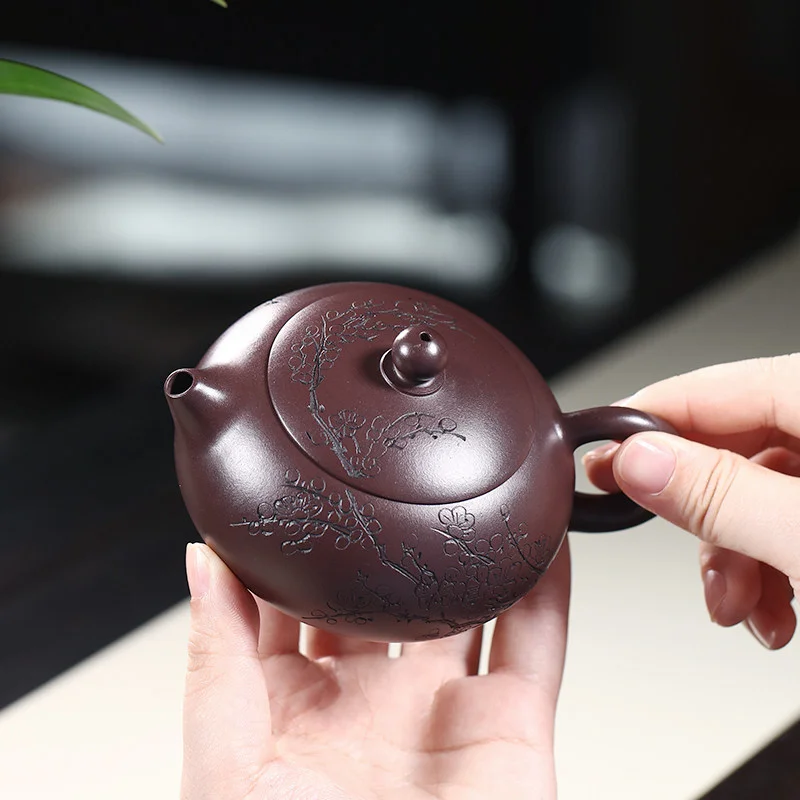 宜兴紫砂壶纯手工刻绘梅花功夫茶具单壶原矿紫泥家用泡茶壶扁西施 - 5