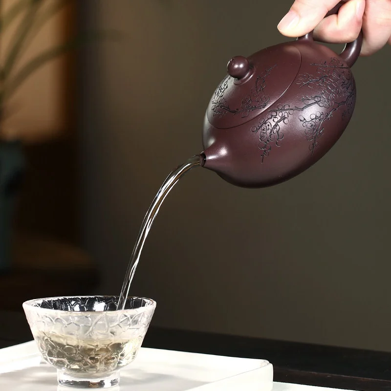 宜兴紫砂壶纯手工刻绘梅花功夫茶具单壶原矿紫泥家用泡茶壶扁西施 - 6