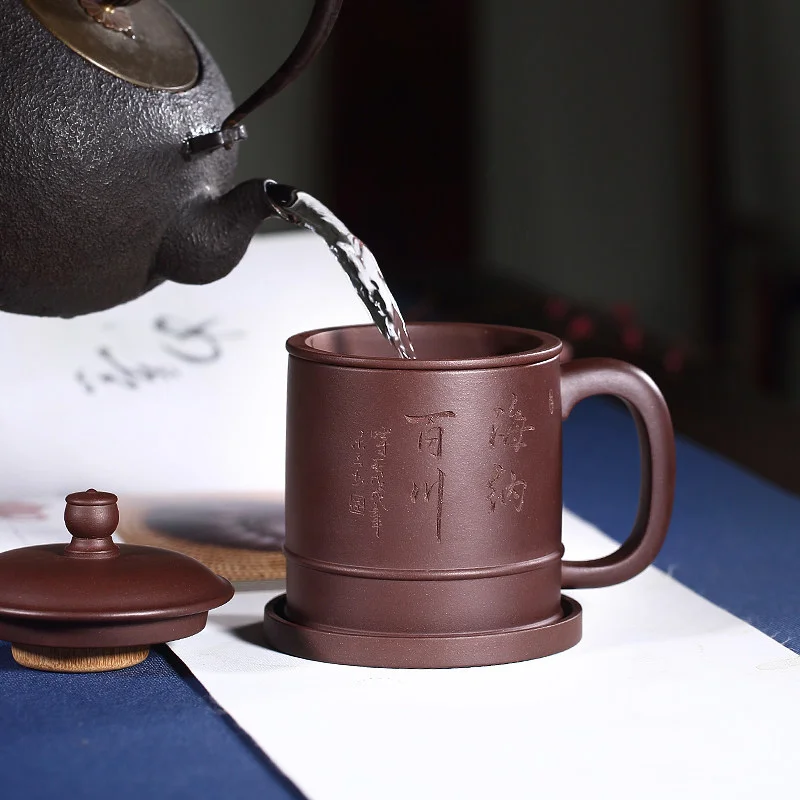 宜兴原矿紫砂杯纯手工带盖茶杯隔舱内胆过滤大容量办公杯海纳百川 - 5