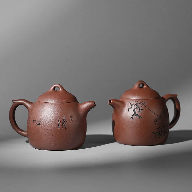【晨光窑·造】宜兴紫砂壶 黄龙源底槽清 刻绘秦权壶 手工制作 - 5
