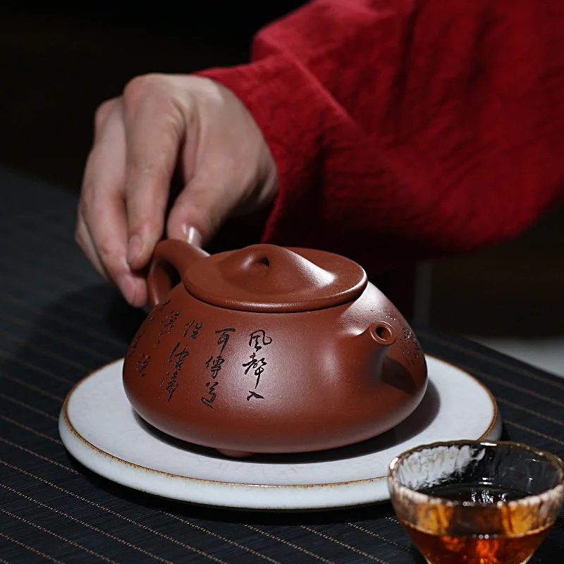 正宗宜兴紫砂壶全手工功夫茶壶原矿底槽清纯手工刻绘山水景舟石瓢 - 4