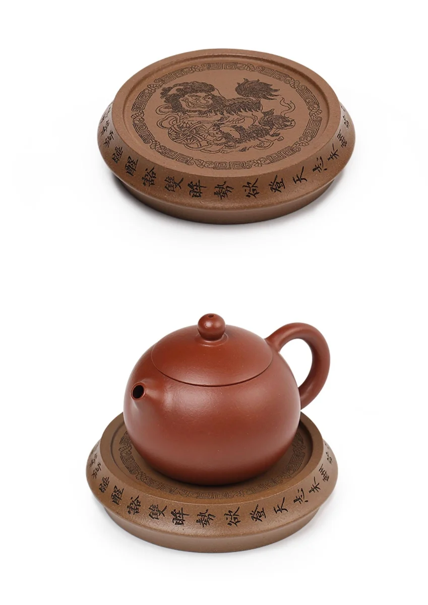 精品紫砂壶承干泡台原矿段泥养壶托盘刻绘壶茶盘圆形茶座狮子绣球 详情图 18
