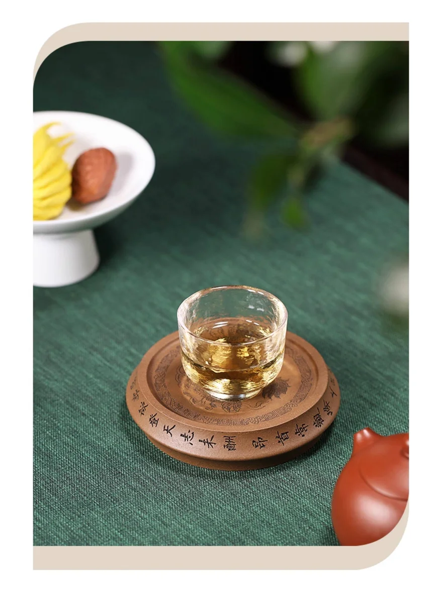 精品紫砂壶承干泡台原矿段泥养壶托盘刻绘壶茶盘圆形茶座狮子绣球 详情图 3