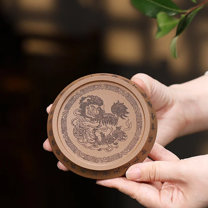 精品紫砂壶承干泡台原矿段泥养壶托盘刻绘壶茶盘圆形茶座狮子绣球 - 5
