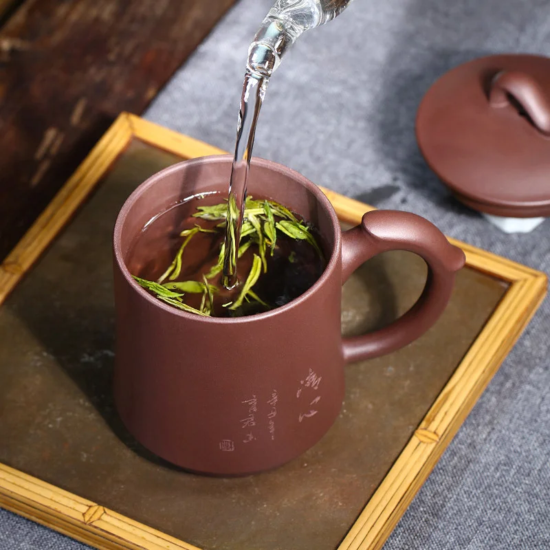 大容量宜兴紫砂杯纯手工男士泡茶带盖个人专用茶具飞把办公杯盖杯 - 5