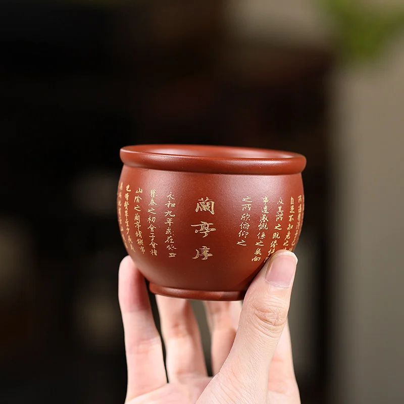 宜兴功夫茶杯纯手工描金刻绘主人杯大红袍品茗杯个人专用紫砂小杯 - 5