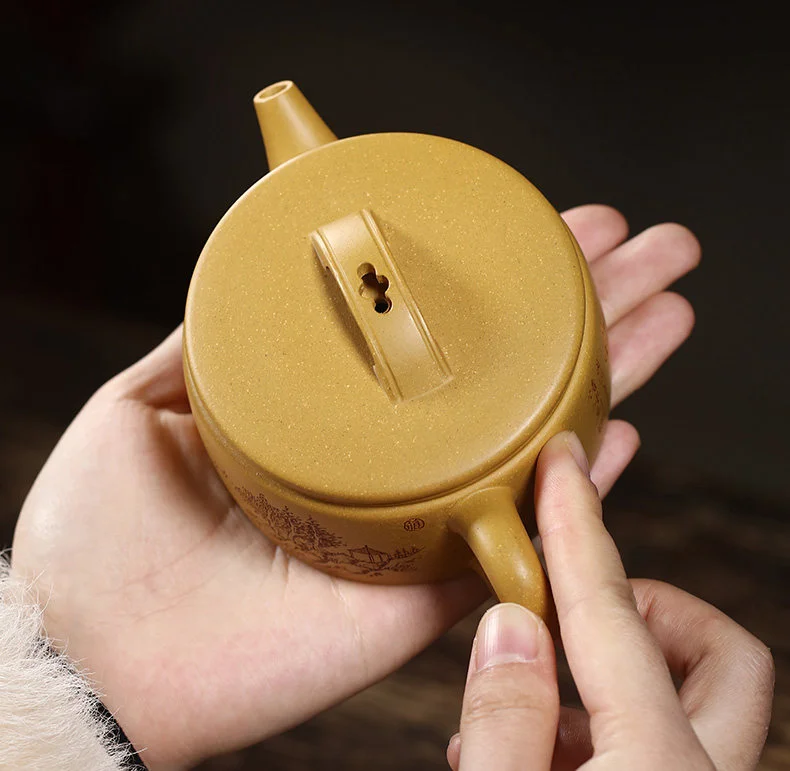 小容量宜兴紫砂壶纯手工刻绘功夫茶具原矿金黄段泥泡茶壶大口汉瓦 详情图 15