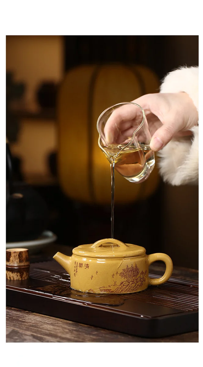 小容量宜兴紫砂壶纯手工刻绘功夫茶具原矿金黄段泥泡茶壶大口汉瓦 详情图 21