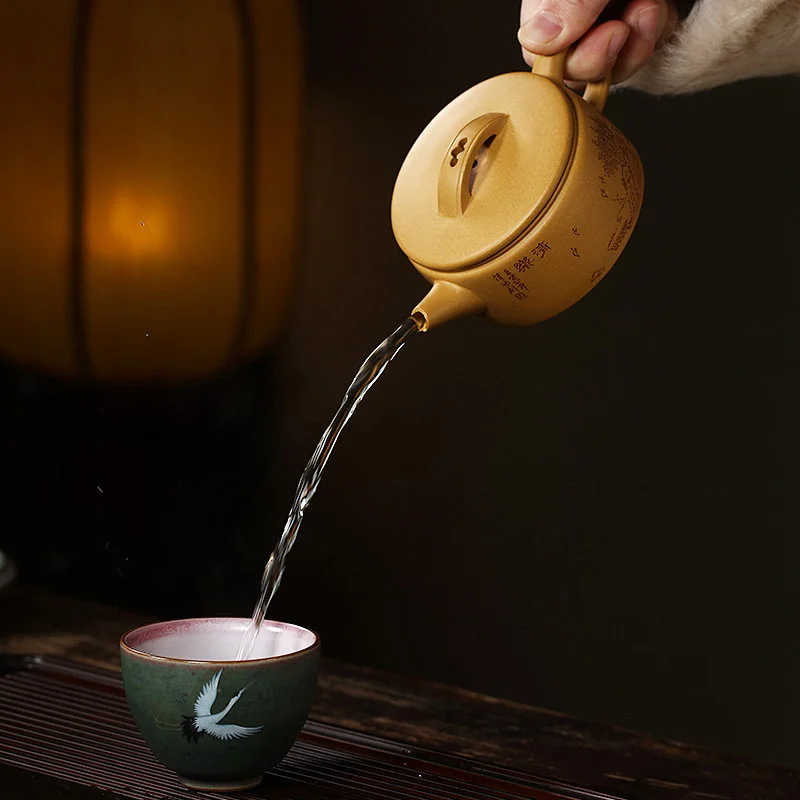 小容量宜兴紫砂壶纯手工刻绘功夫茶具原矿金黄段泥泡茶壶大口汉瓦 - 6
