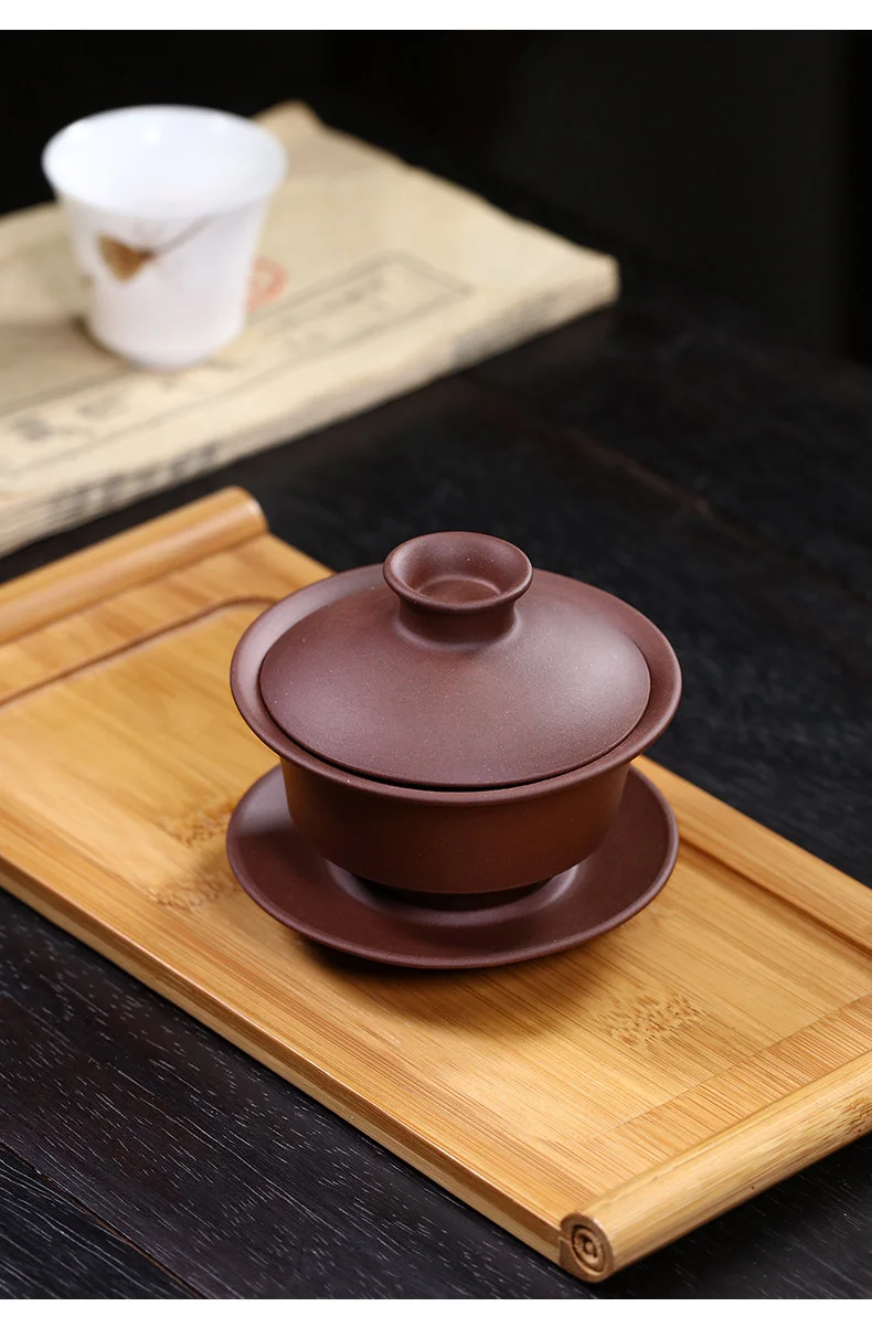 紫砂三才盖碗茶杯单个茶碗带盖不烫手古代敬茶杯小盖碗手抓壶茶具 详情图 2