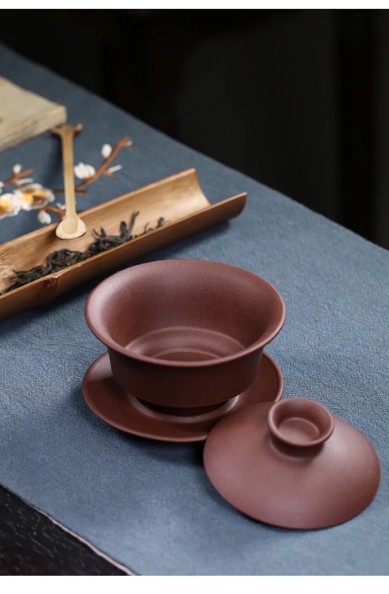 紫砂三才盖碗茶杯单个茶碗带盖不烫手古代敬茶杯小盖碗手抓壶茶具 详情图 4