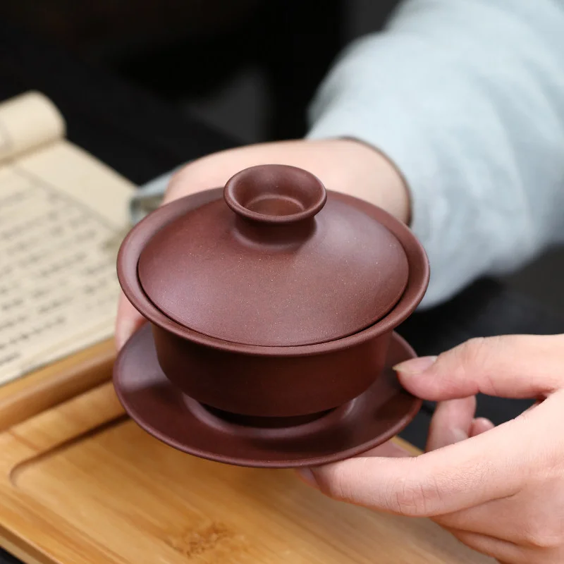 紫砂三才盖碗茶杯单个茶碗带盖不烫手古代敬茶杯小盖碗手抓壶茶具 - 4