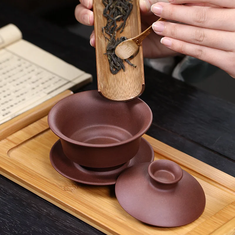 紫砂三才盖碗茶杯单个茶碗带盖不烫手古代敬茶杯小盖碗手抓壶茶具 - 5