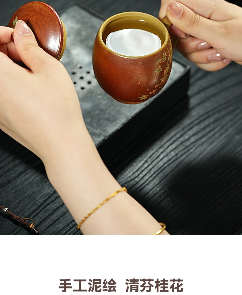 古悦堂纯手工茶具紫砂茶杯个人专用喝茶杯办公室家用杯子泥绘盖杯 详情图 10