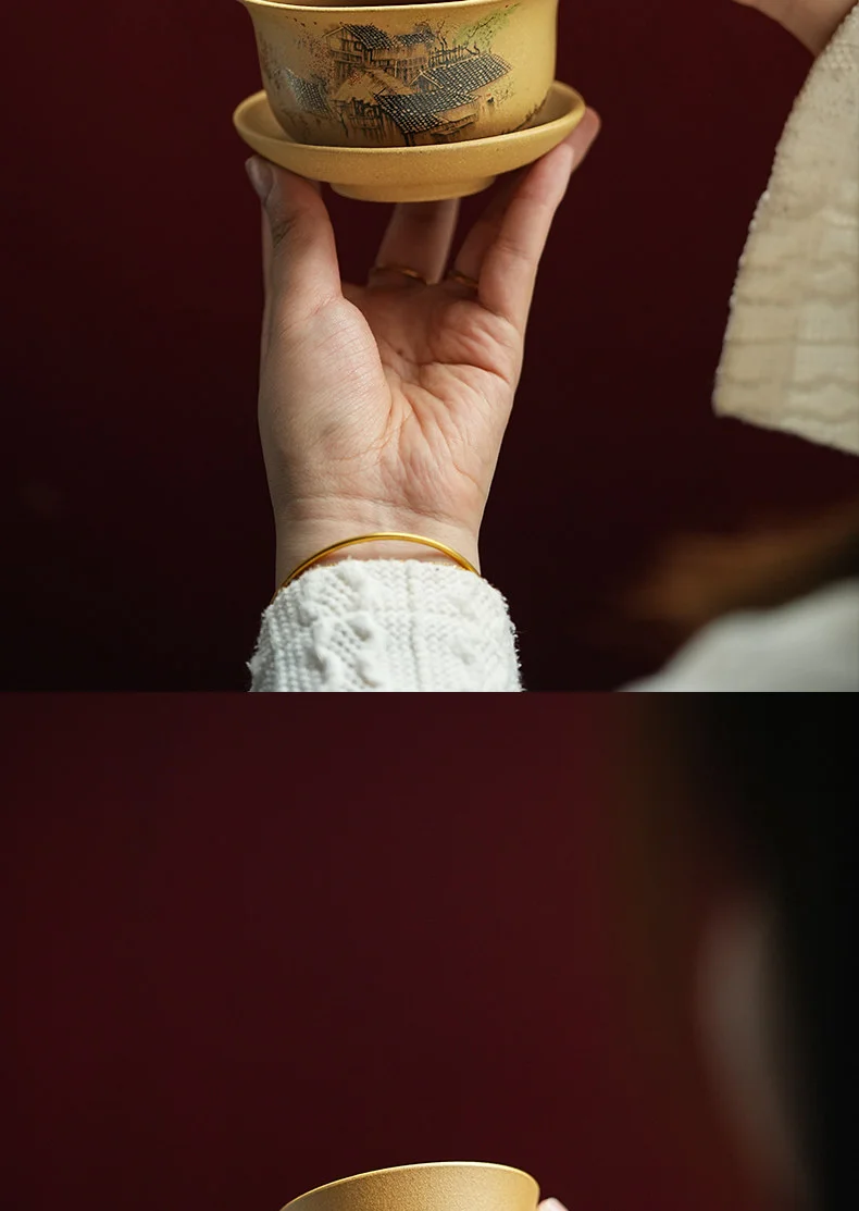 宜兴紫砂手工盖碗茶杯套装高档家用待客泡茶茶具江南春朝盖碗套装 详情图 18