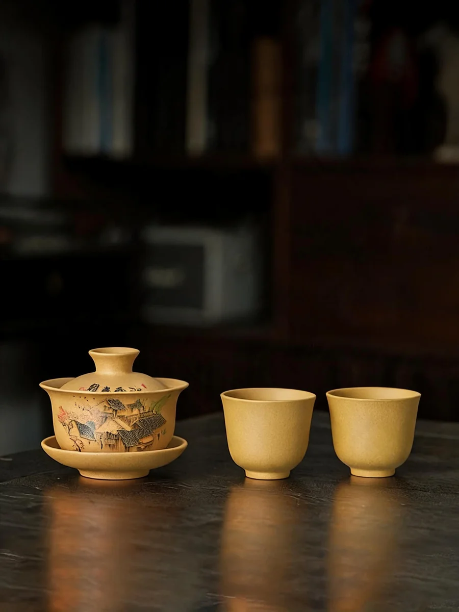 宜兴紫砂手工盖碗茶杯套装高档家用待客泡茶茶具江南春朝盖碗套装