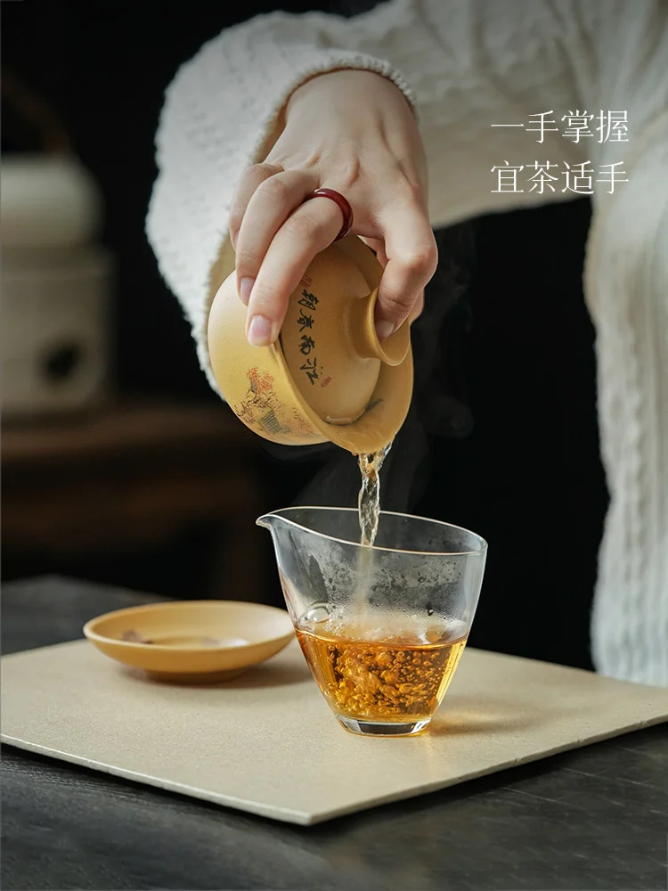 宜兴紫砂手工盖碗茶杯套装高档家用待客泡茶茶具江南春朝盖碗套装 - 5