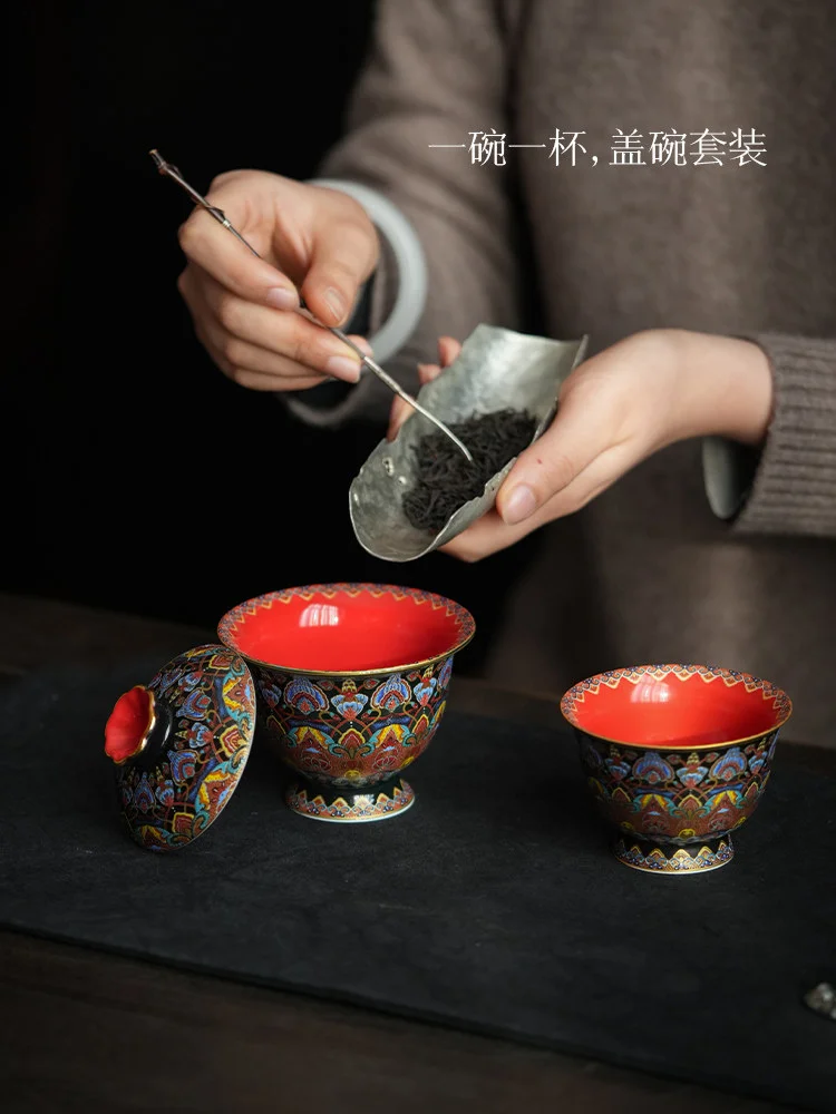 古悦堂珐琅彩二才盖碗陶瓷茶具套装高档个人专用功夫泡茶家用盖碗 - 5