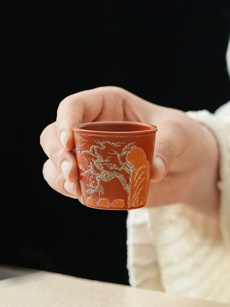 宜兴紫砂主人杯个人专用喝茶茶杯高档功夫单杯 两仪松泥绘主人杯 - 6