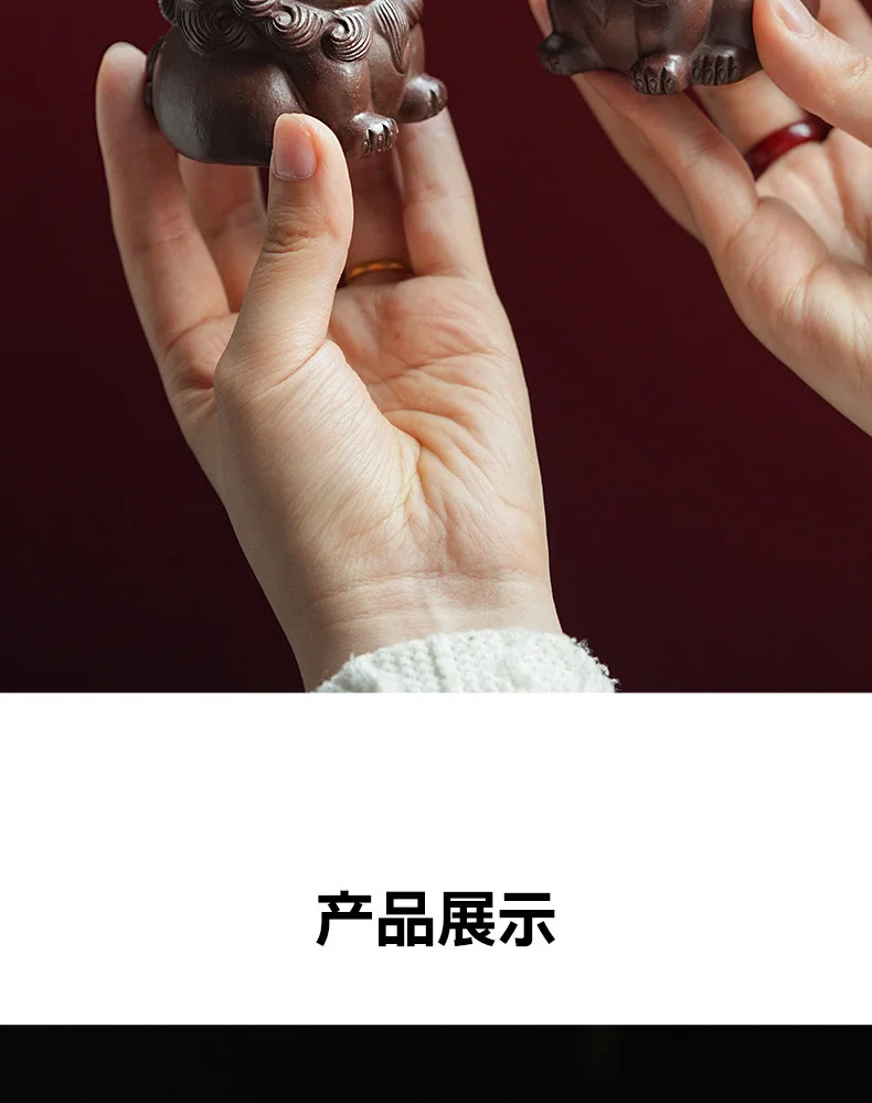 古悦堂 宜兴紫砂手工茶宠高档茶具摆件可养精品茶玩 紫泥对狮茶宠 详情图 15