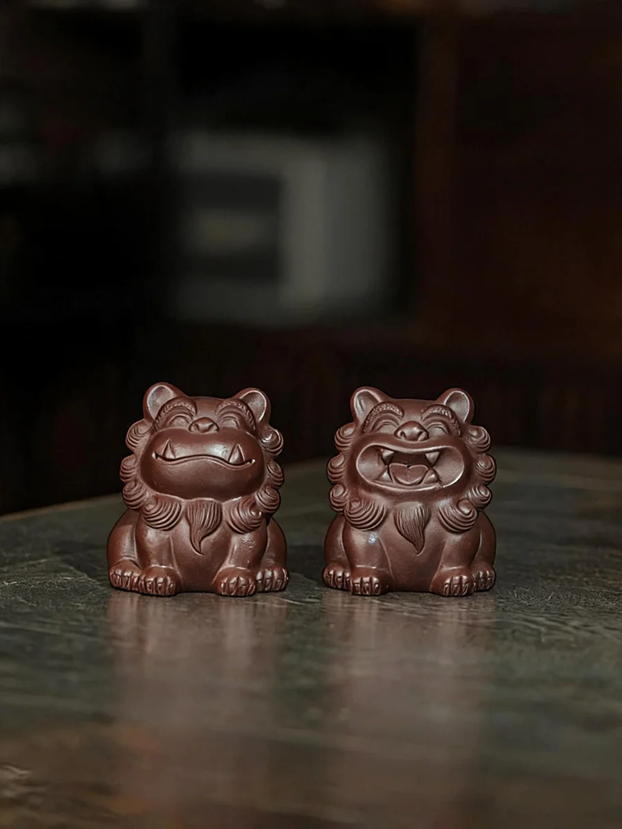 古悦堂 宜兴紫砂手工茶宠高档茶具摆件可养精品茶玩 紫泥对狮茶宠