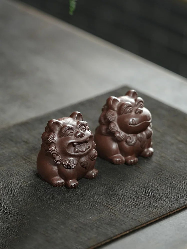 古悦堂 宜兴紫砂手工茶宠高档茶具摆件可养精品茶玩 紫泥对狮茶宠 - 4