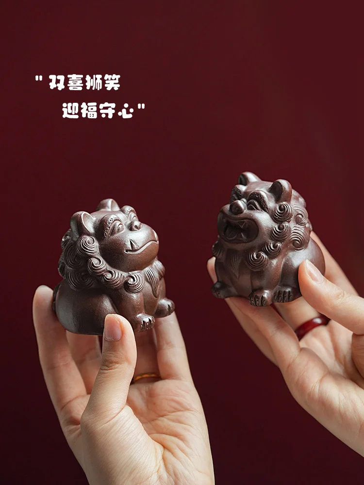 古悦堂 宜兴紫砂手工茶宠高档茶具摆件可养精品茶玩 紫泥对狮茶宠 - 5